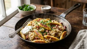Rezeptbild: Schupfnudeln mit Sauerkraut (Krautschupfnudeln): Die beste knusprige Schupfnudelpfanne in 20 Minuten – Schnelle Zubereitung, Zutaten & exakte Garzeit