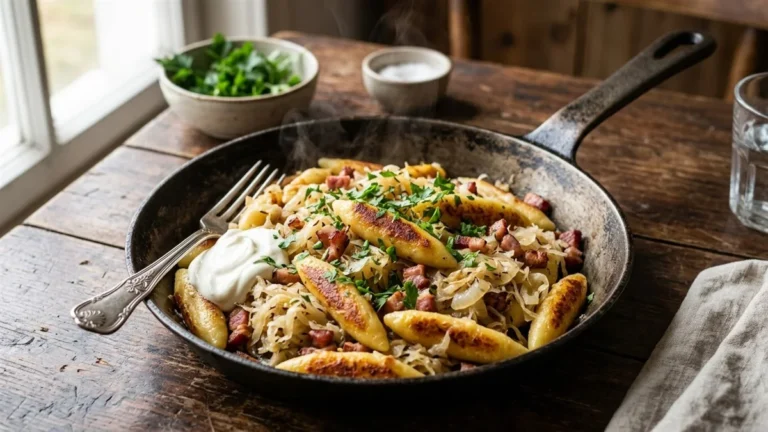 Rezeptbild: Schupfnudeln mit Sauerkraut (Krautschupfnudeln): Die beste knusprige Schupfnudelpfanne in 20 Minuten – Schnelle Zubereitung, Zutaten & exakte Garzeit