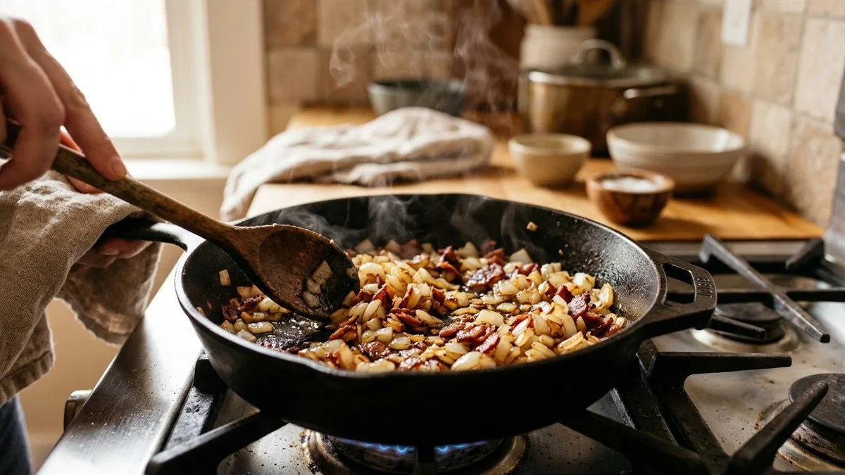 Schupfnudeln mit sauerkraut Zubereitung – Schritt 2: Zwiebeln und Räucherwürfel dünsten (Schritt-für-Schritt-Anleitung aus der KostWelt-Testküche)