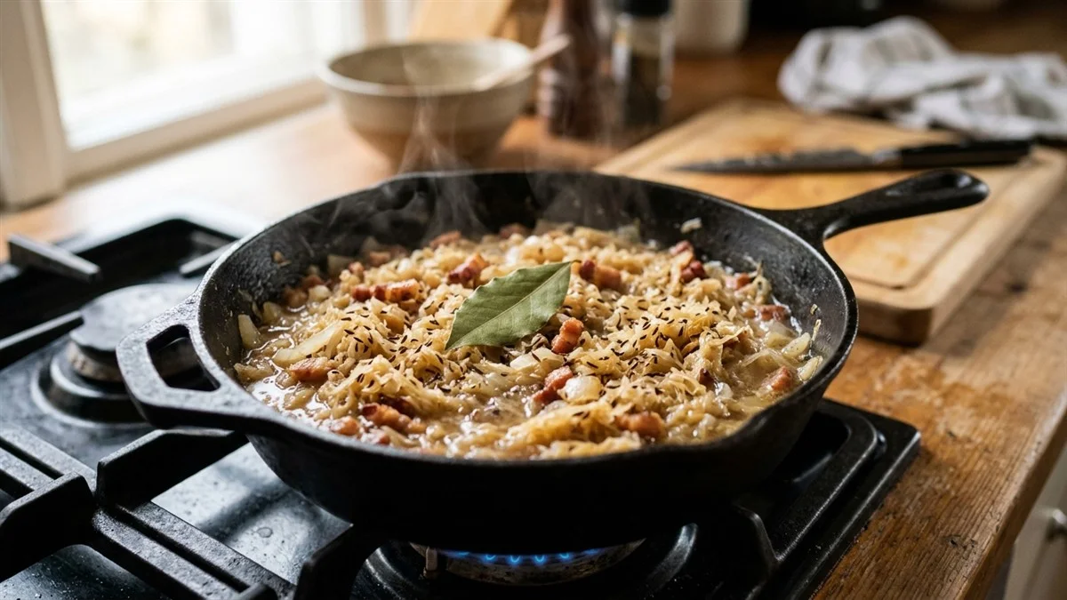 Schupfnudeln mit sauerkraut Zubereitung – Schritt 3: Sauerkraut mit Apfelsaft & Brühe schmoren (Schritt-für-Schritt-Anleitung aus der KostWelt-Testküche)