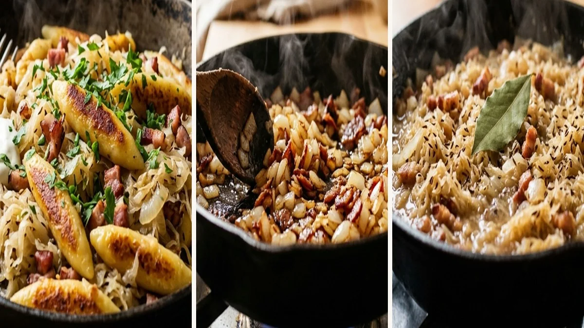 Schupfnudeln mit Sauerkraut Zutaten für Krautschupfnudeln und Schupfnudelpfanne auf Holzbrett