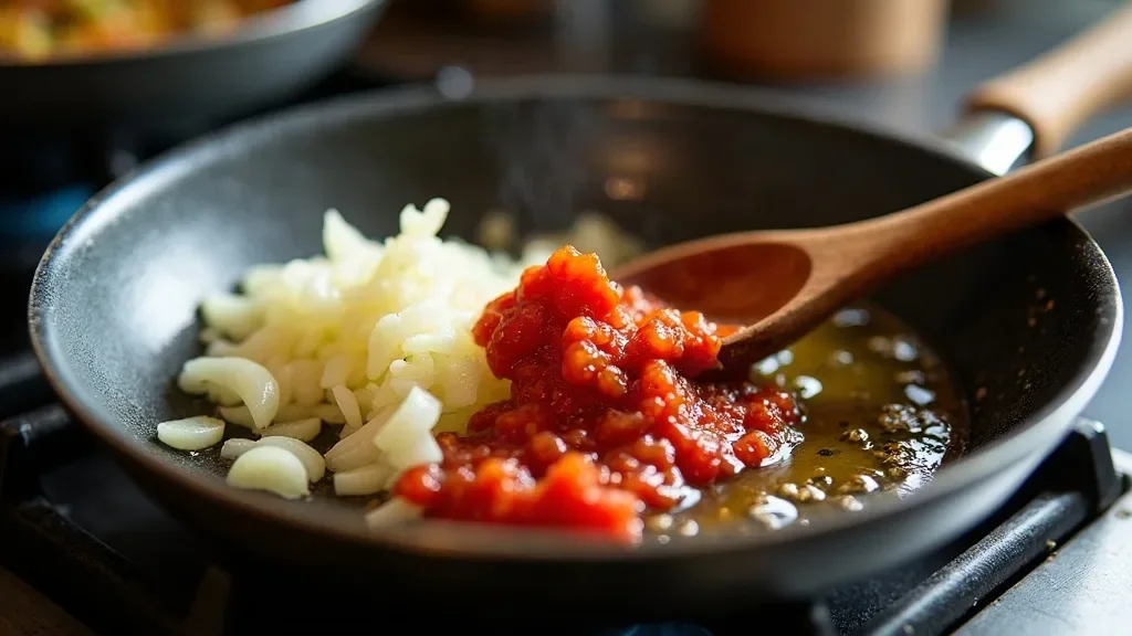 Türkischer Couscous Salat Zubereitung – Schritt 2: Würzpaste mit Tomaten- & Paprikamark anrösten (Schritt-für-Schritt-Anleitung aus der KostWelt-Testküche)