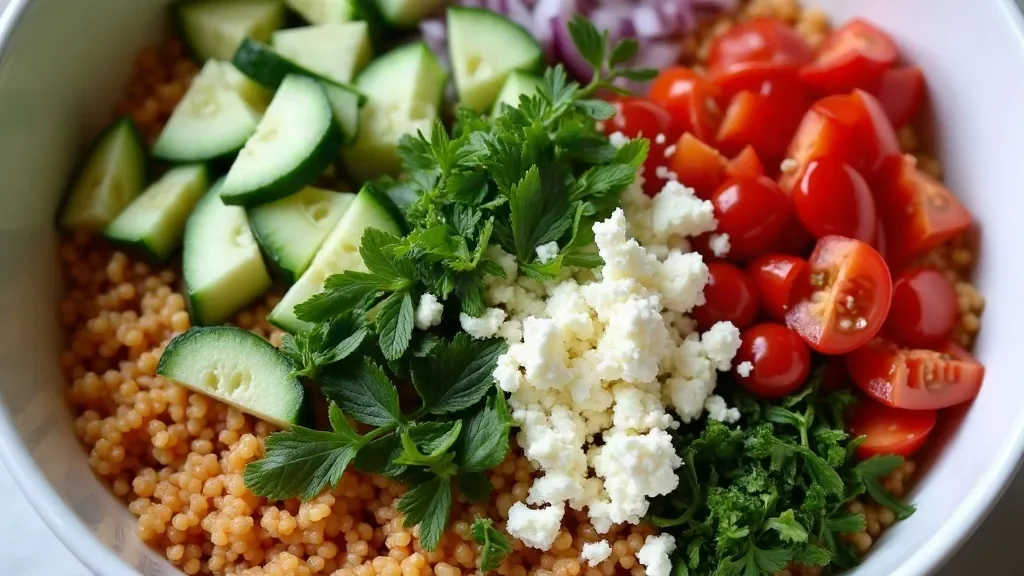 Türkischer Couscous Salat Zubereitung – Schritt 4: Entkernte Gurke, Tomaten, Kräuter & Feta unterheben (Schritt-für-Schritt-Anleitung aus der KostWelt-Testküche)