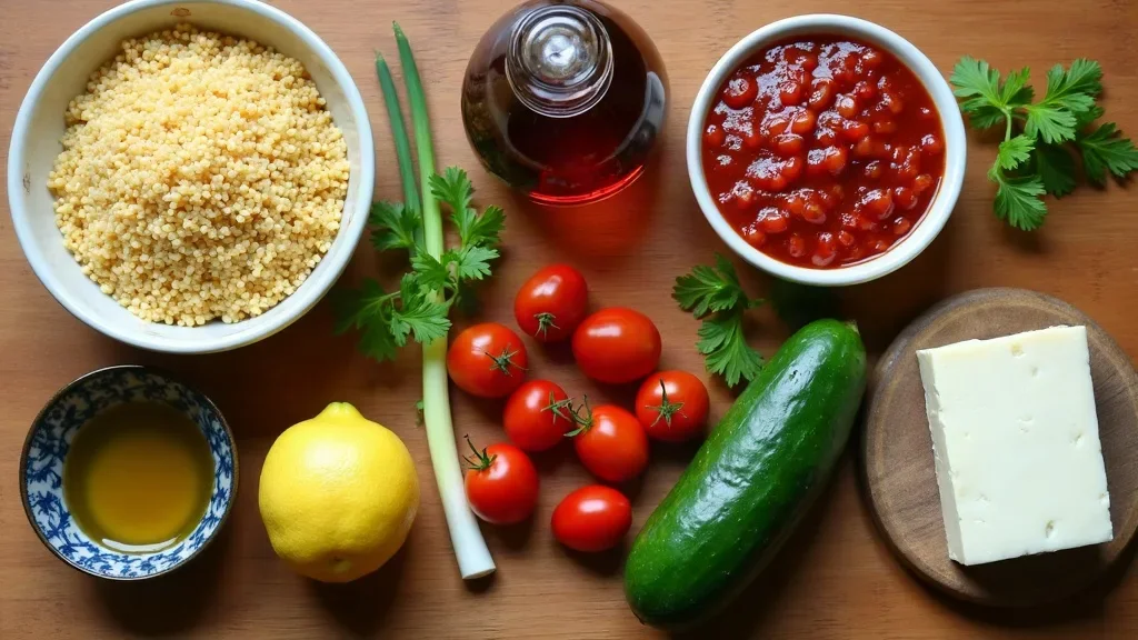Türkischer Couscous Salat Zutaten: Couscous Salat mit Feta, Tomatenmark, Granatapfelsirup, Gurke, Kirschtomaten und Couscous Salat Dressing